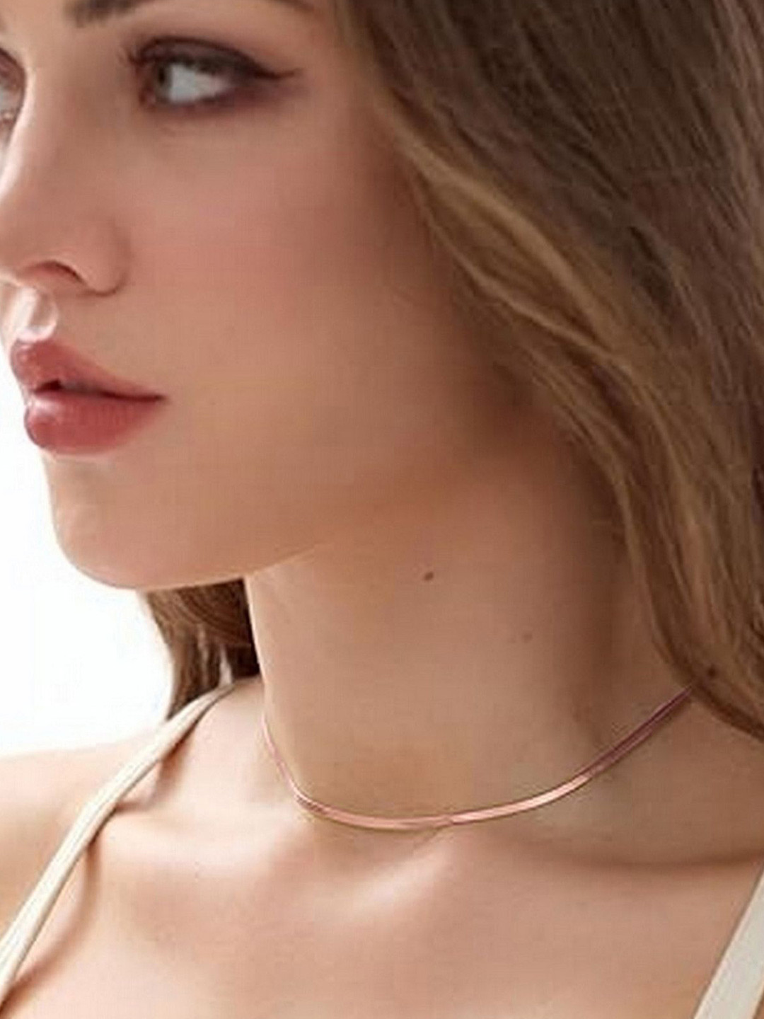 VAMA 14 Inches Stainless Steel Rose Gold Flat Snake Herringbone Necklace Chains