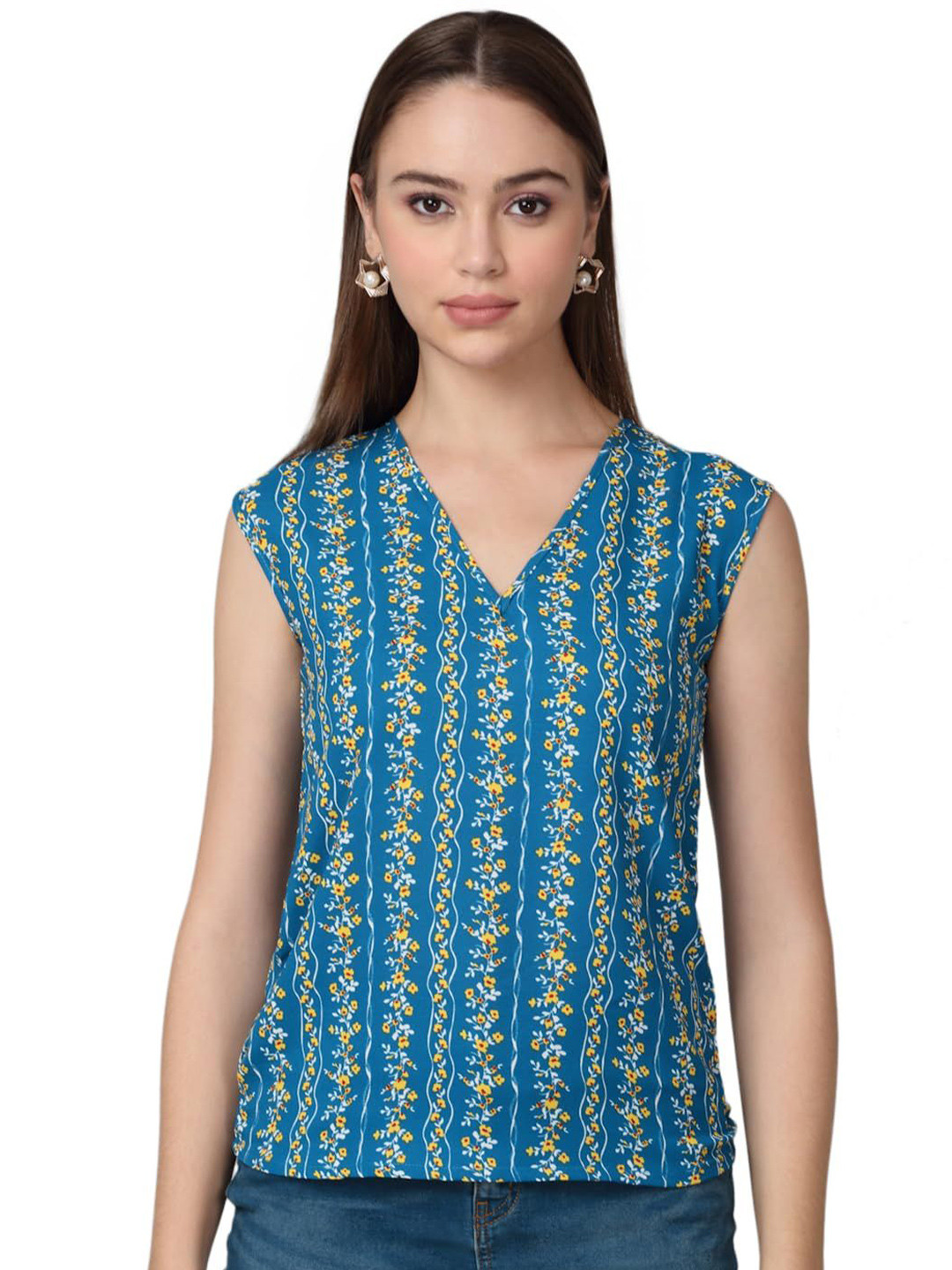 SZN Ferozi Floral Printed V-Neck Top