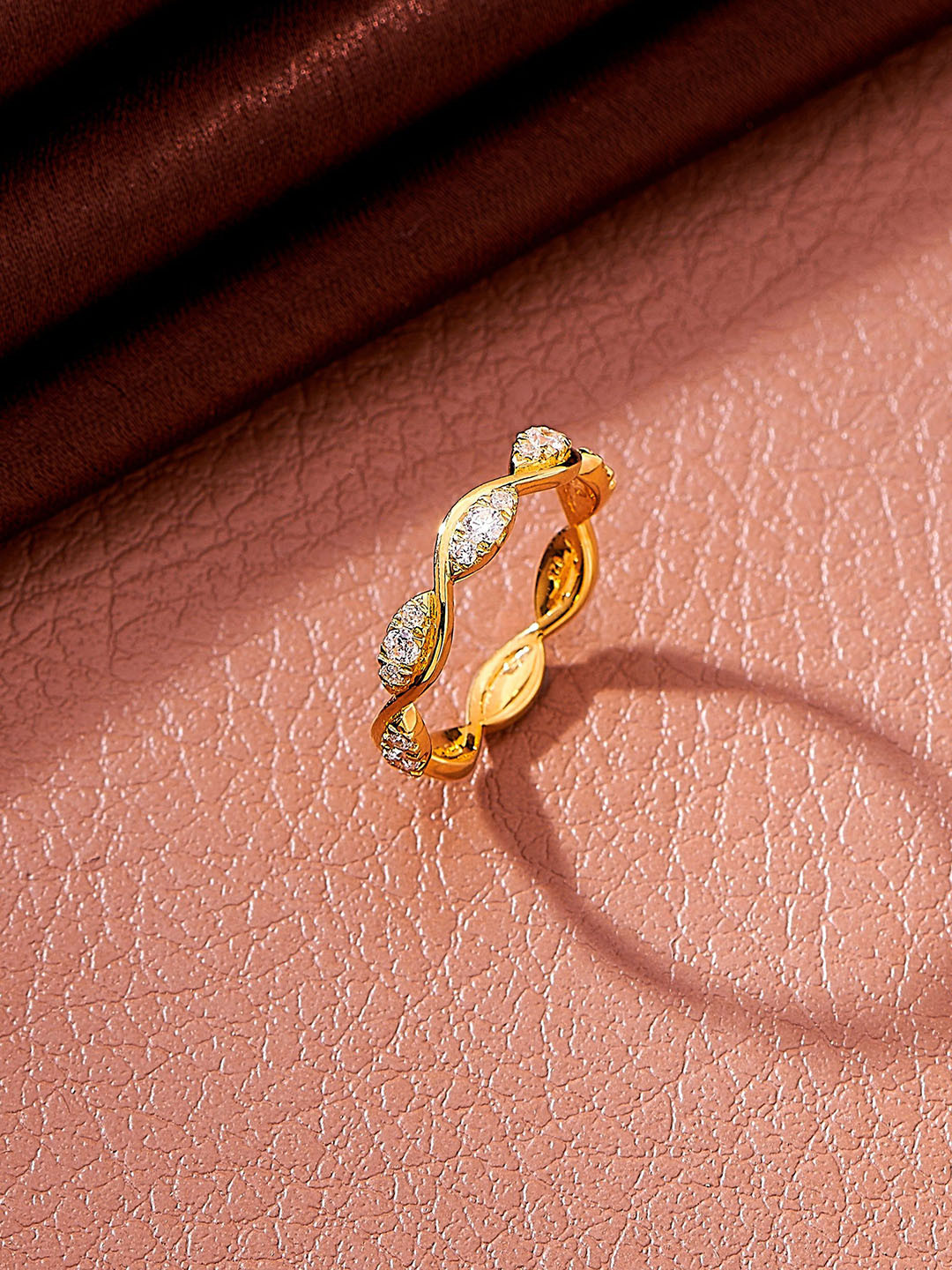 Nipura 925 Sterling Silver Gold-Plated CZ Studded Twisted Wave Finger Ring