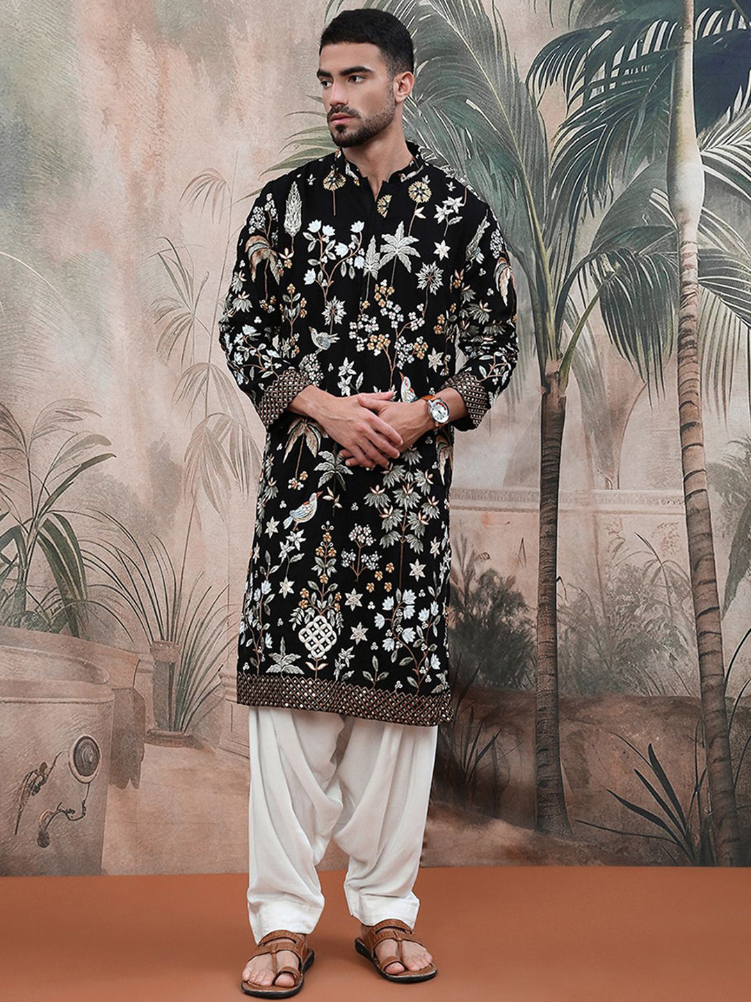 Sangria Floral Print Heavy Embellished Work Kurta