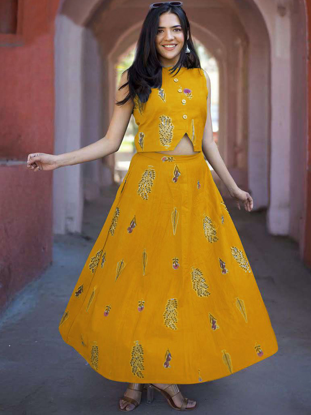 GoSriKi Printed Round Neck Waistcoat With Maxi Skirt Co-Ords