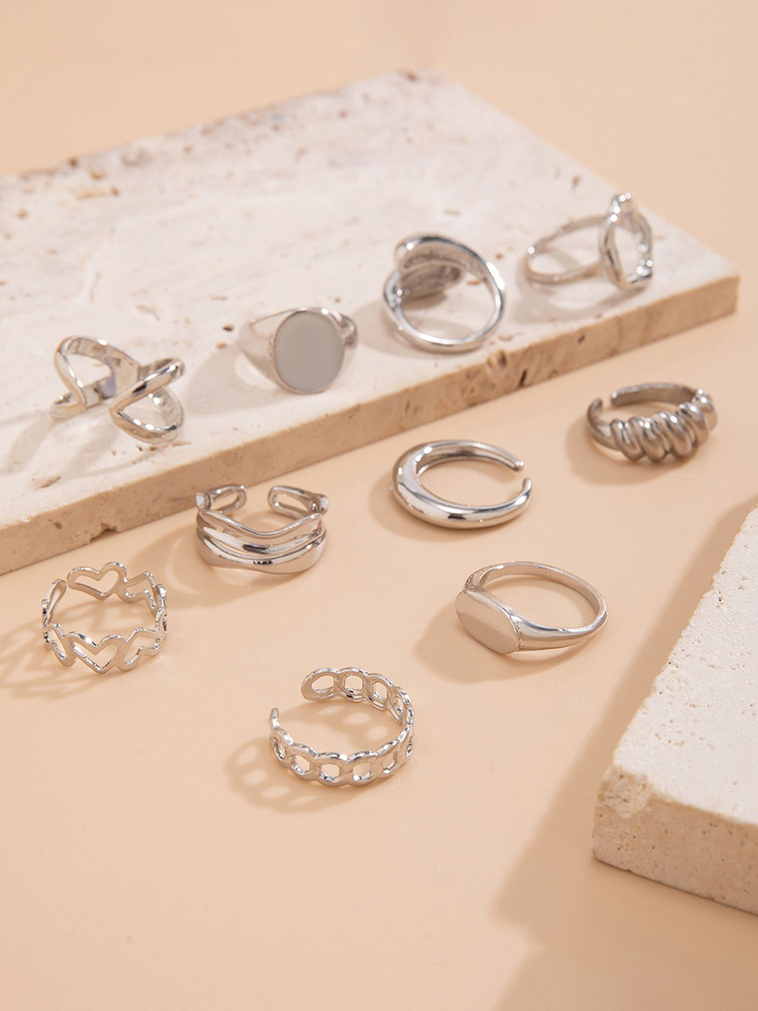 LULU & SKY Set Of 10 Silver-Plated Adjustable Finger Rings