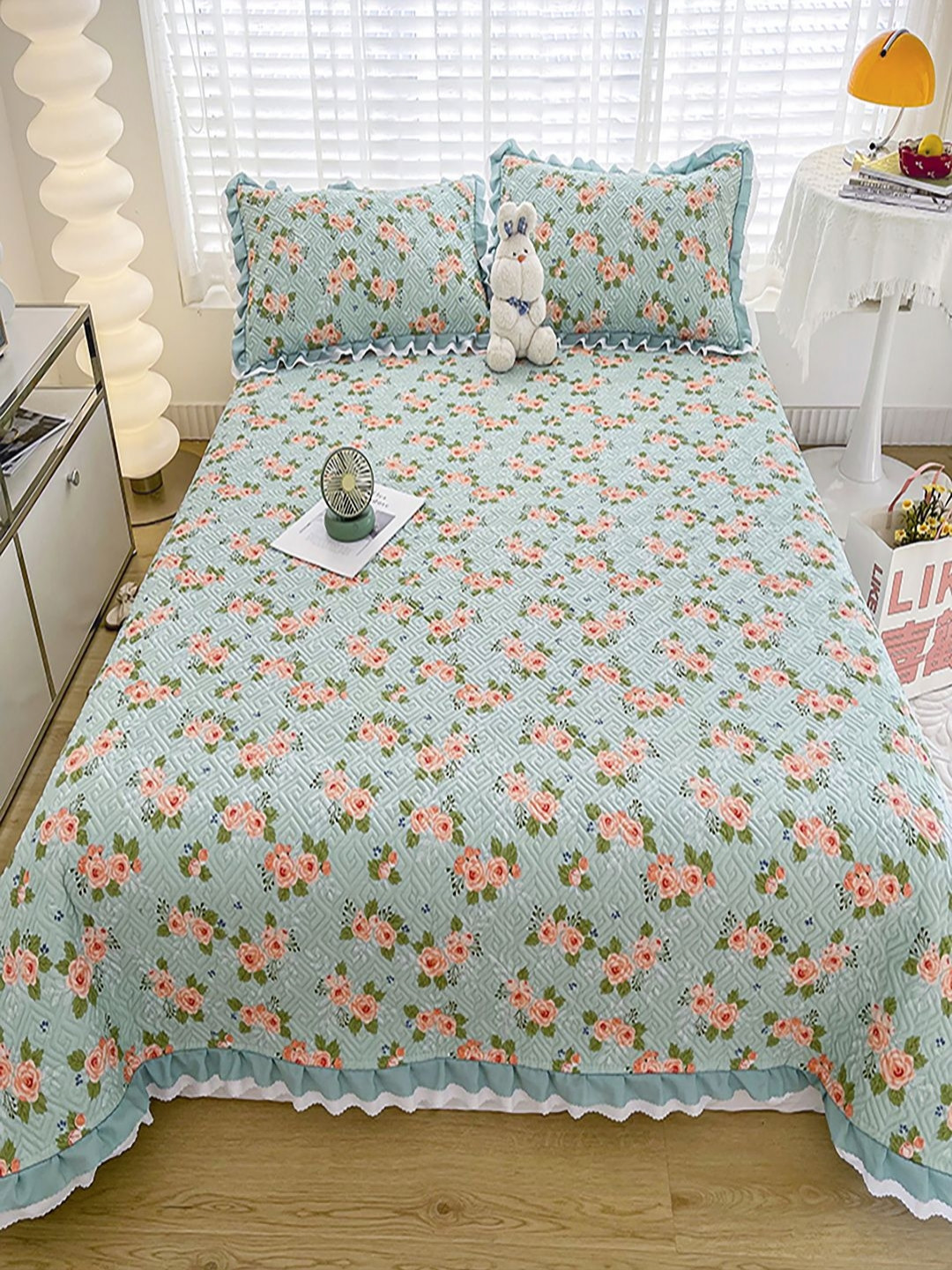 JC HOME Blue & Pink Printed Cotton Double King Bed & Pillow Cover