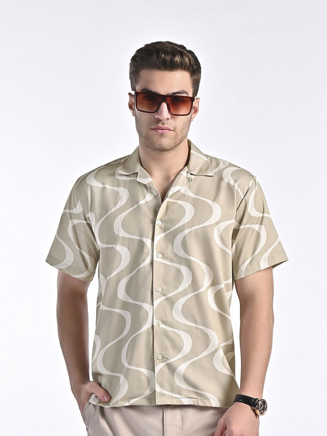 VELLURE Men's Sand Dunes Organic Cotton Camp Collar Half Sleeve Shirt