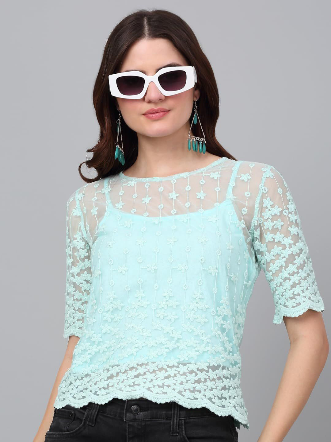SZN Floral Embroidered Cotton Lace Top with Camisole