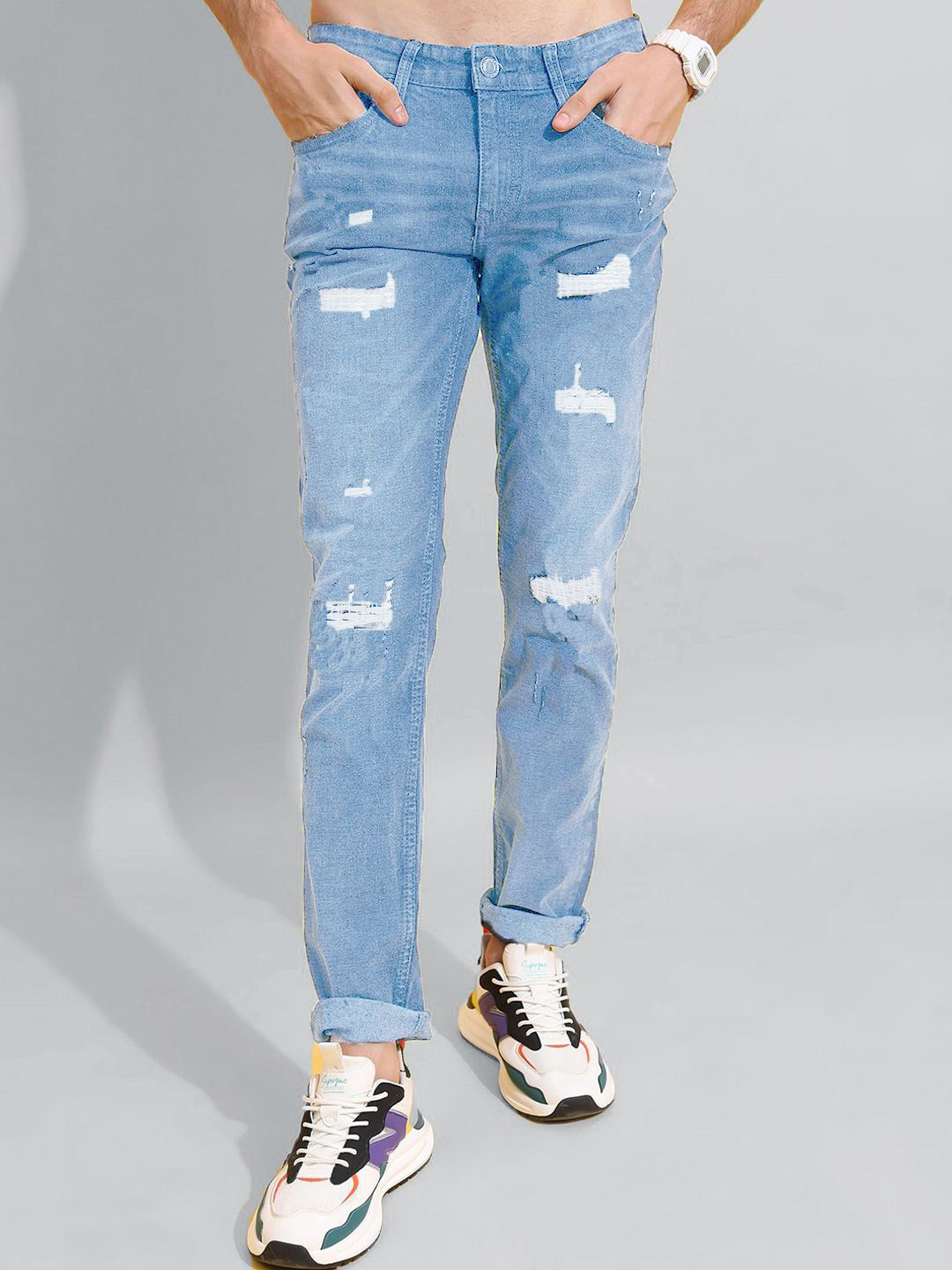 fineblu Men Skinny Fit Highly Distressed Light Fade Stretchable Jeans
