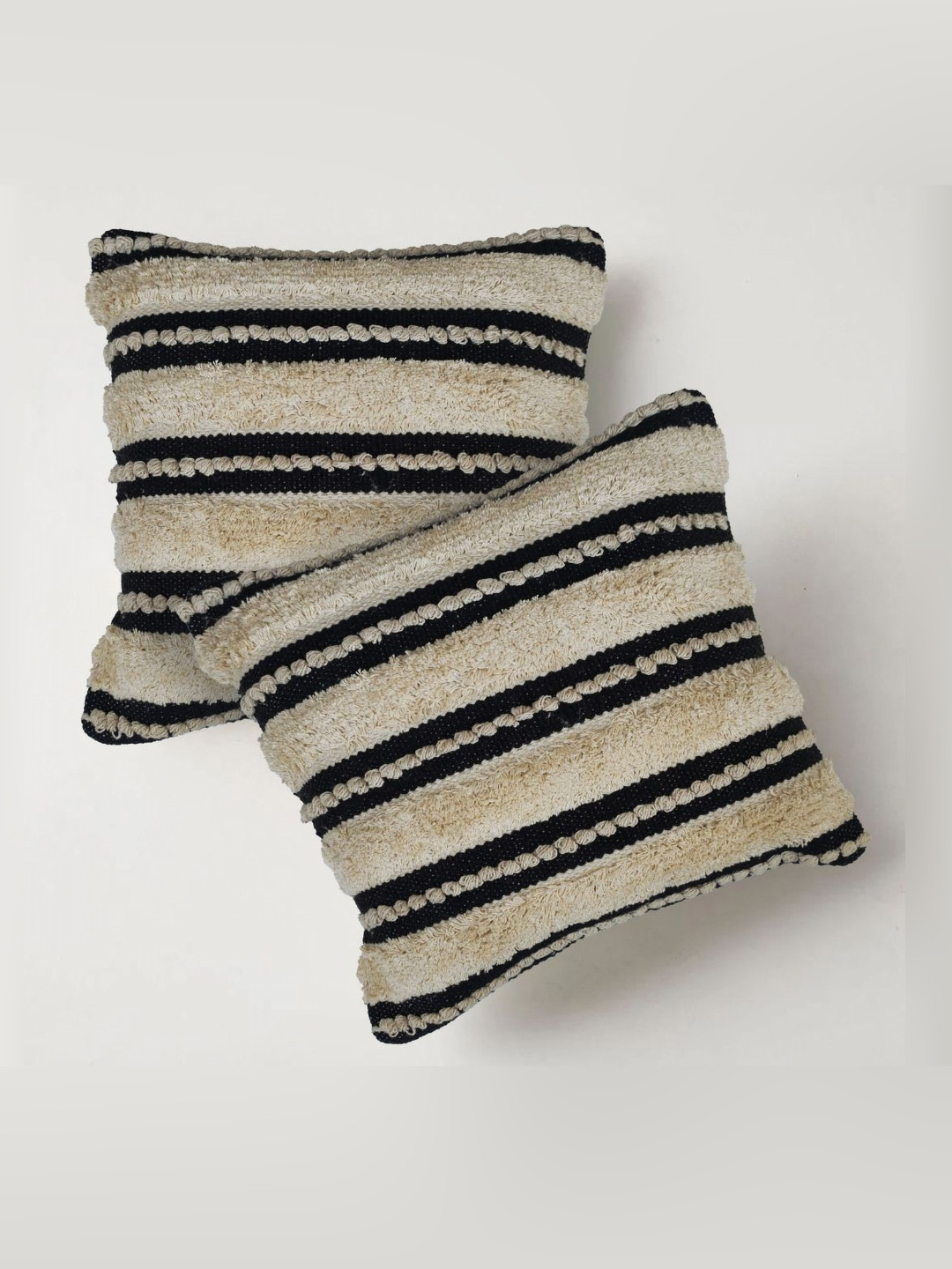 ELEGANT WEAVERS Beige & Black Set of 2 Striped Square Cushion Covers