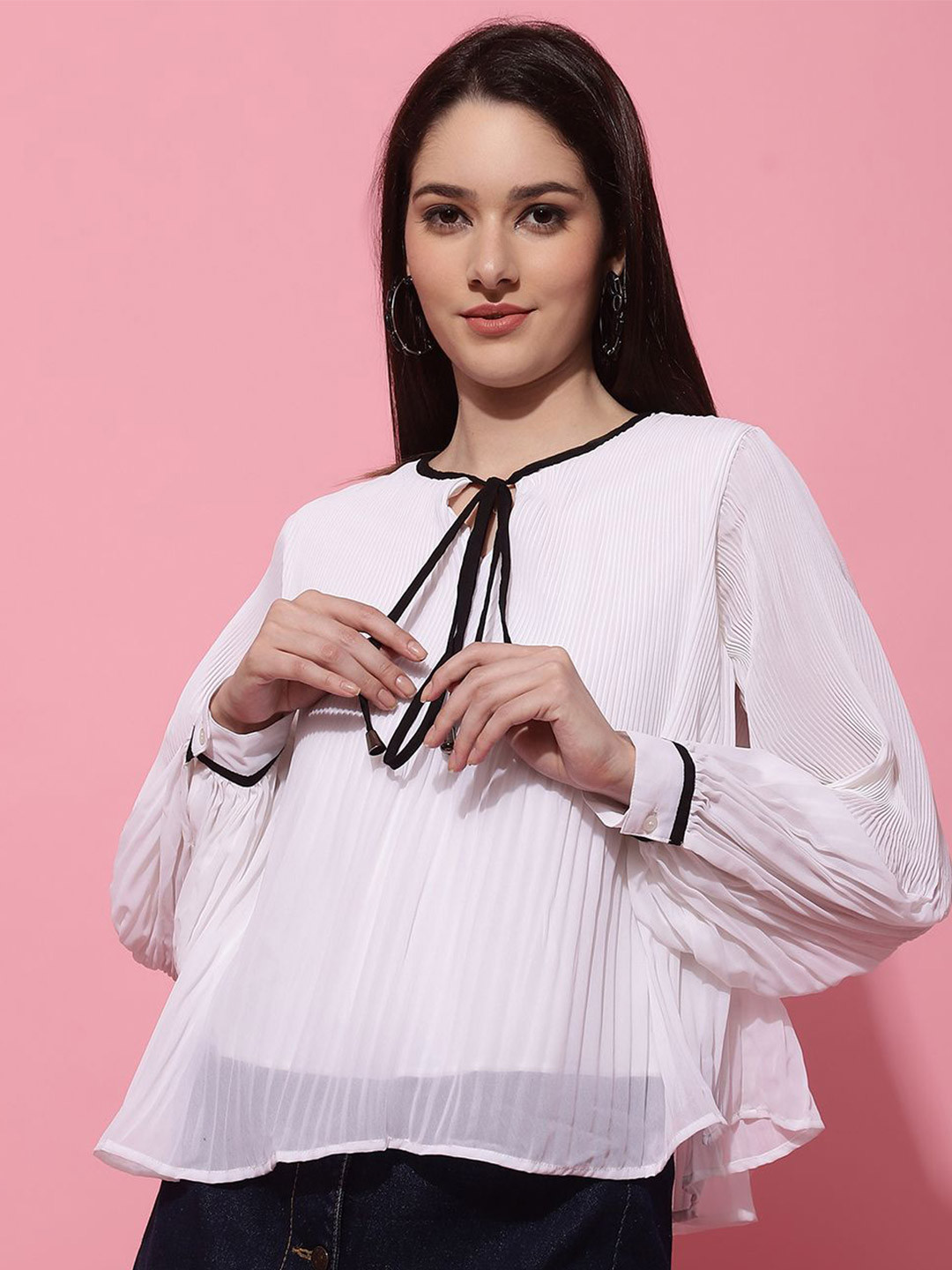 JAKANARY Self Design Tie-Up Neck Bishop Sleeves Georgette Top