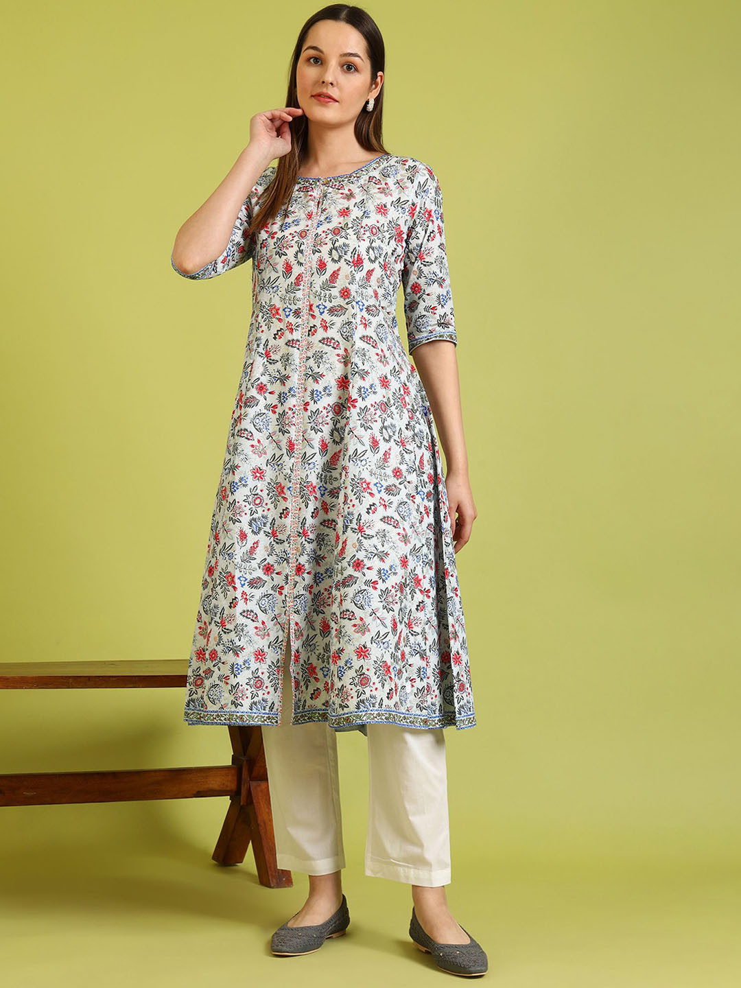 W Woman Light Blue Floral Glitter Printed Pure Cotton Anarkali Kurta