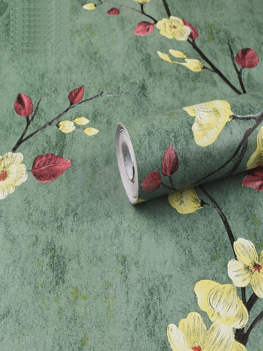 Aura Green & Red Floral Printed Waterproof & Oil-Proof Self Adhesive Wallpaper
