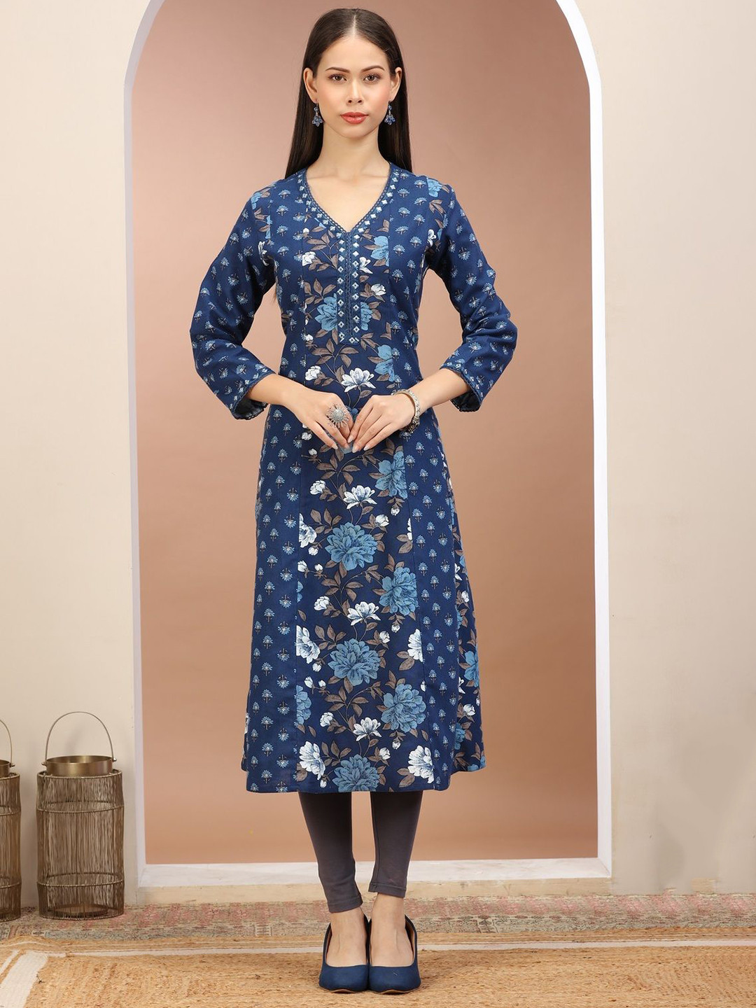 COTTON CULTURE Women V Neck Floral Printed A Line Kurta