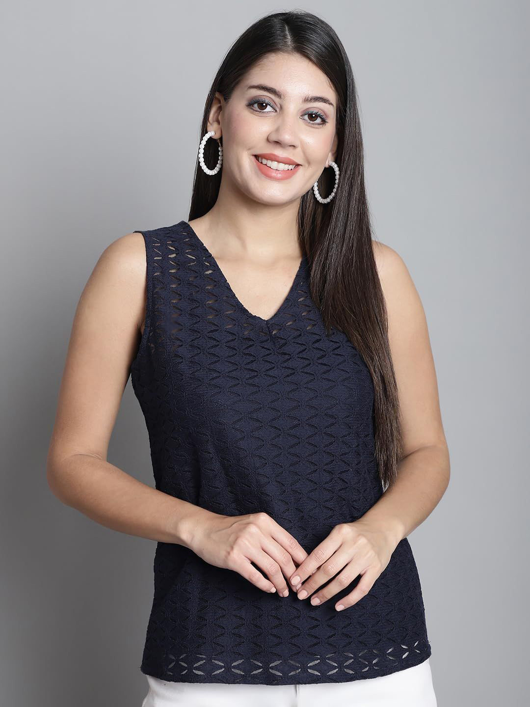 SZN Navy Blue Geometric V-Neck Sleeveless Top with Camisole