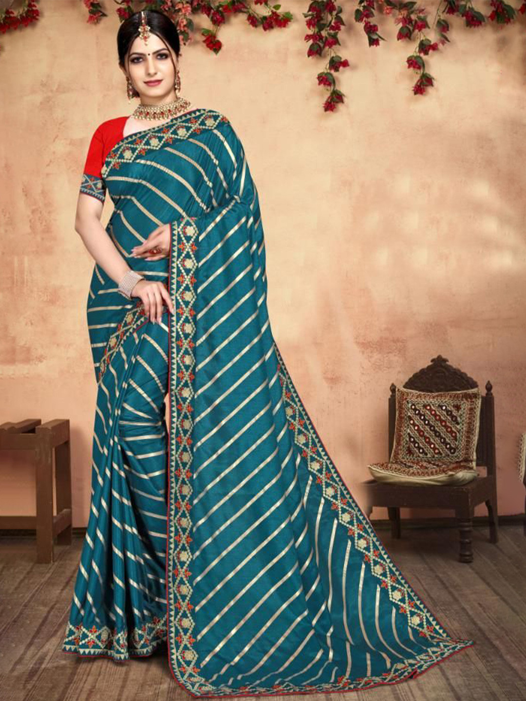 AKSH FASHION Leheriya Zari Pure Georgette Designer Leheriya Saree