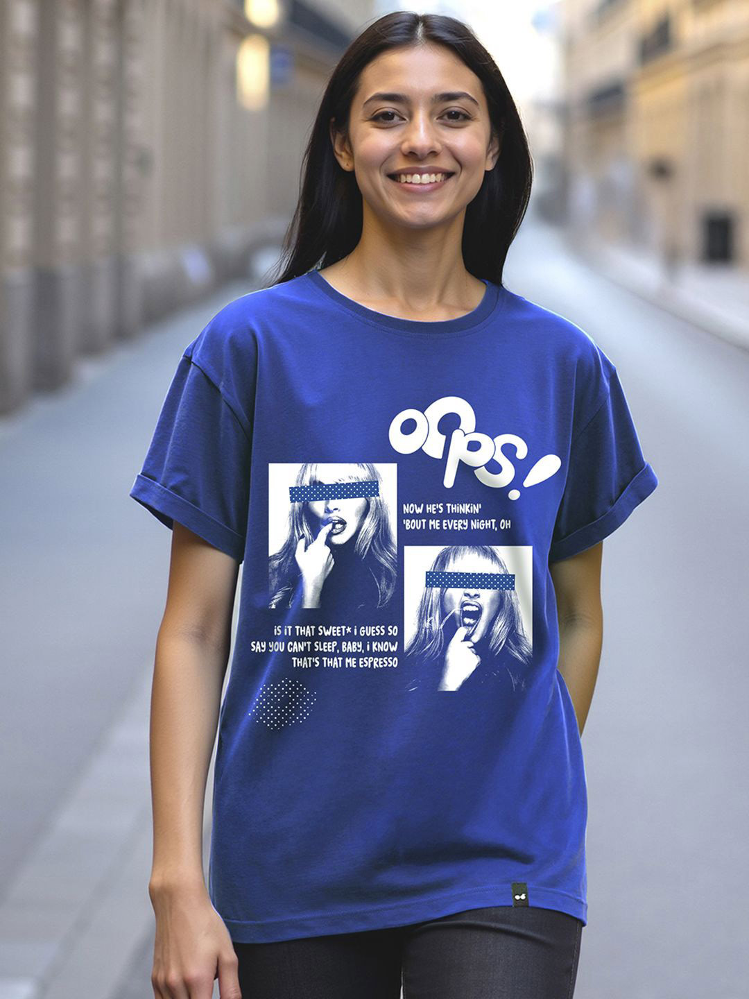 Bewakoof Women's Blue Espresso Graphic Printed Boyfriend T-shirt