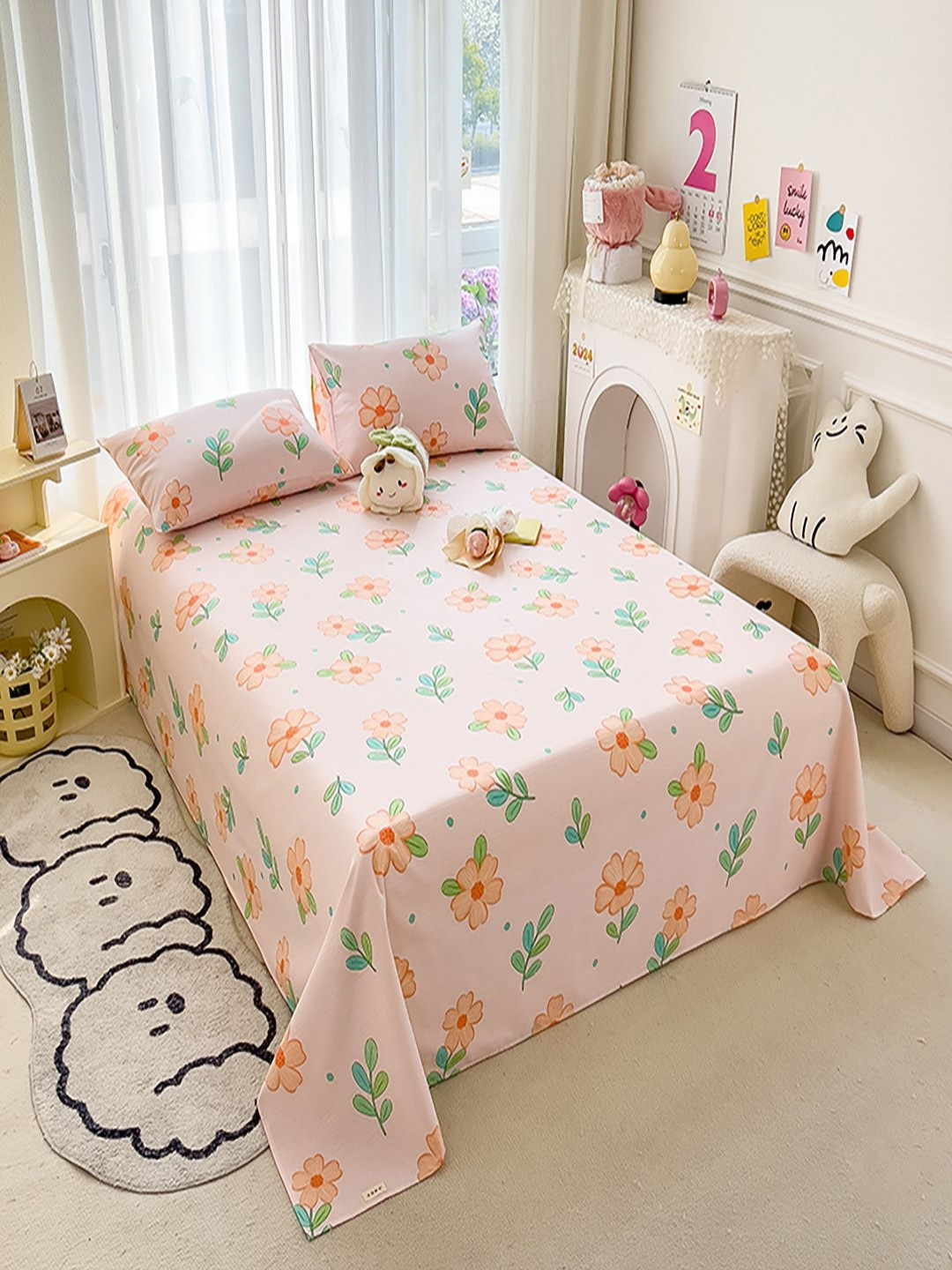 JC HOME Pink Floral Polycotton Skin-Friendly 140 TC Double Bedsheet with 2 Pillow Covers-63 x 91 inches