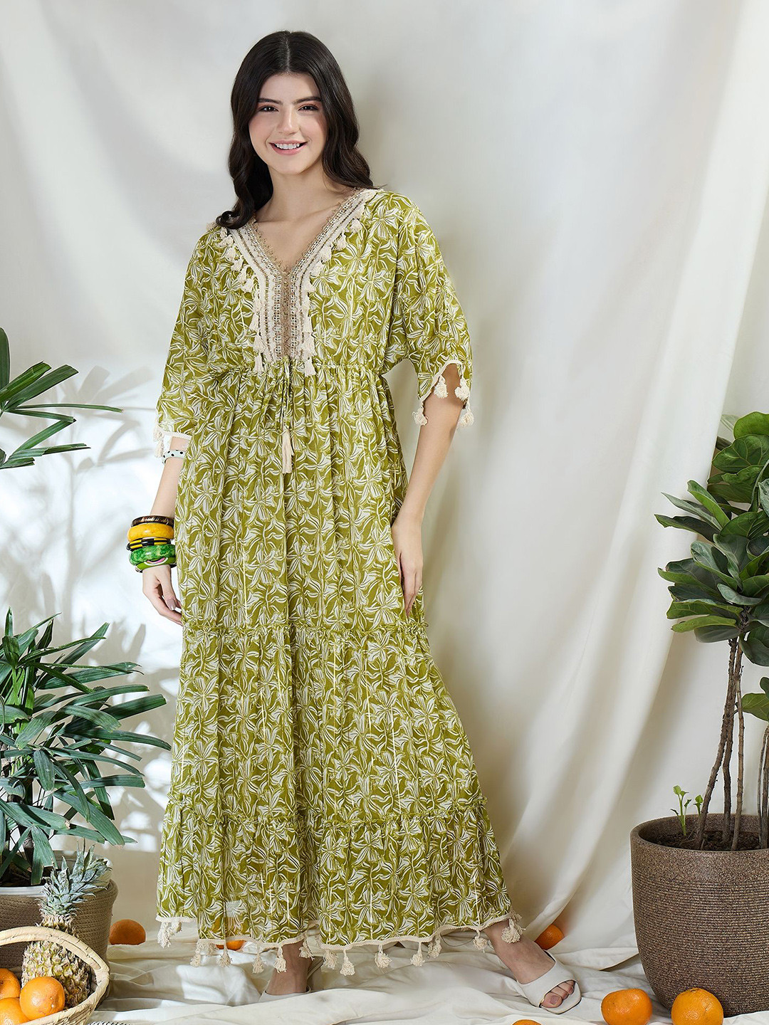 DRAPE AND DAZZLE Floral Printed V-Neck Bell Sleeves Lace-Up Cotton Maxi Dress