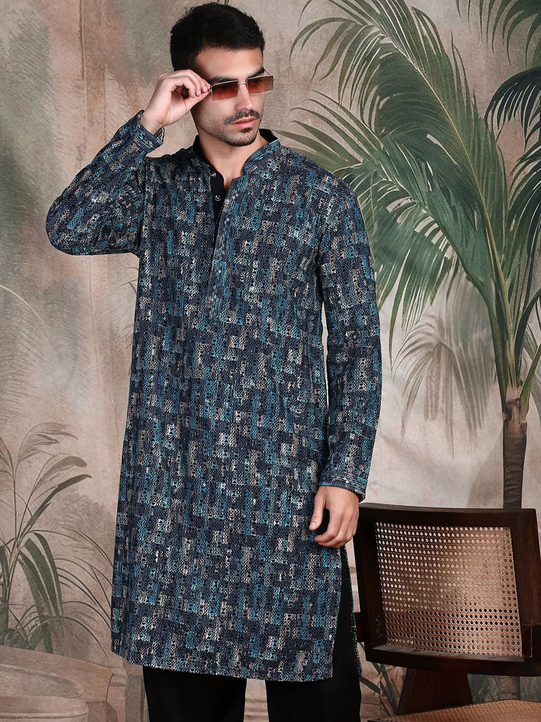 Sangria Chic Geometric Pattern Firozi Chikankari Kurta With Sequin