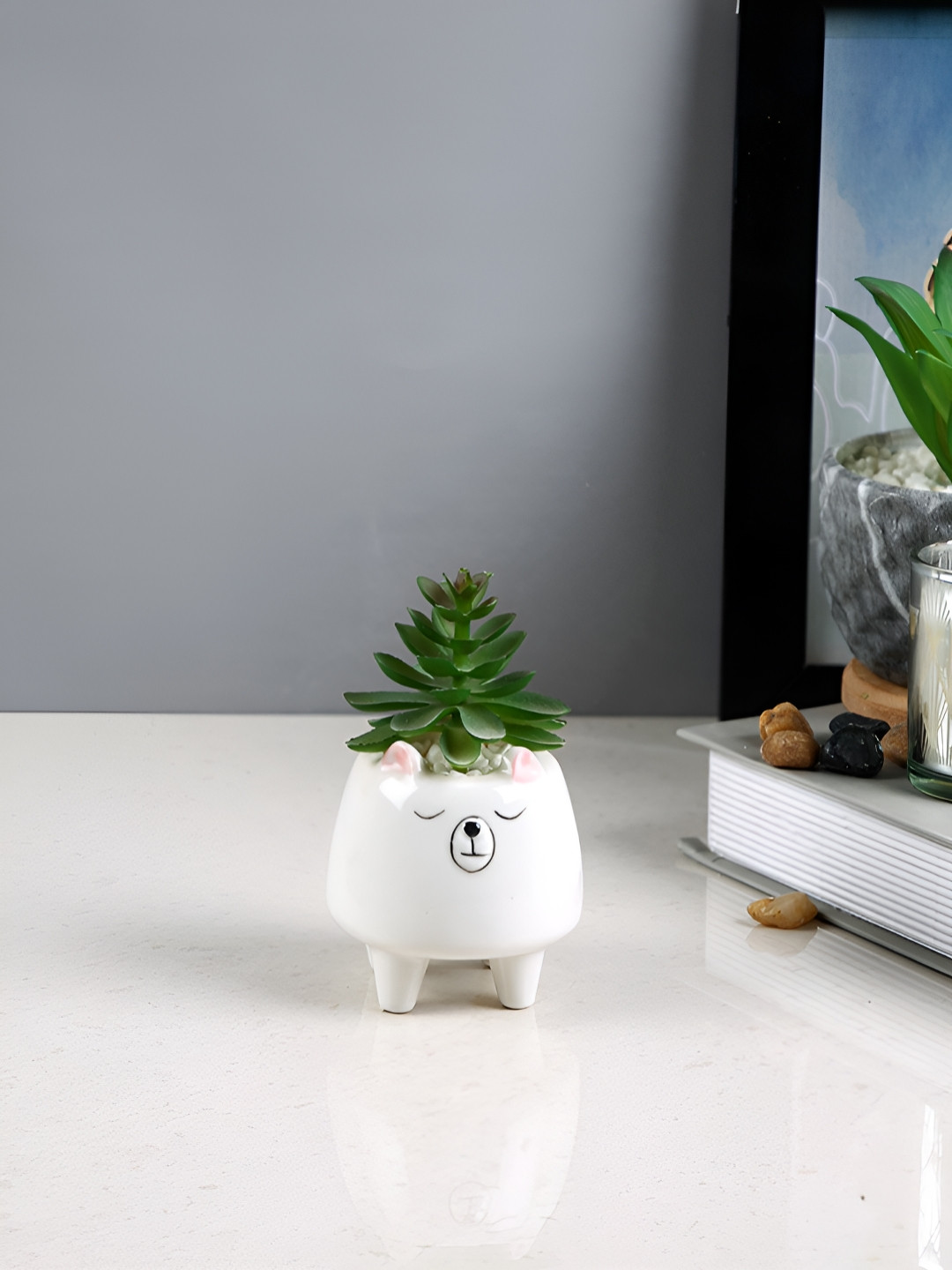 Myntra Elegant Homes White & Green Artificial Plant With Bear Design Pot
