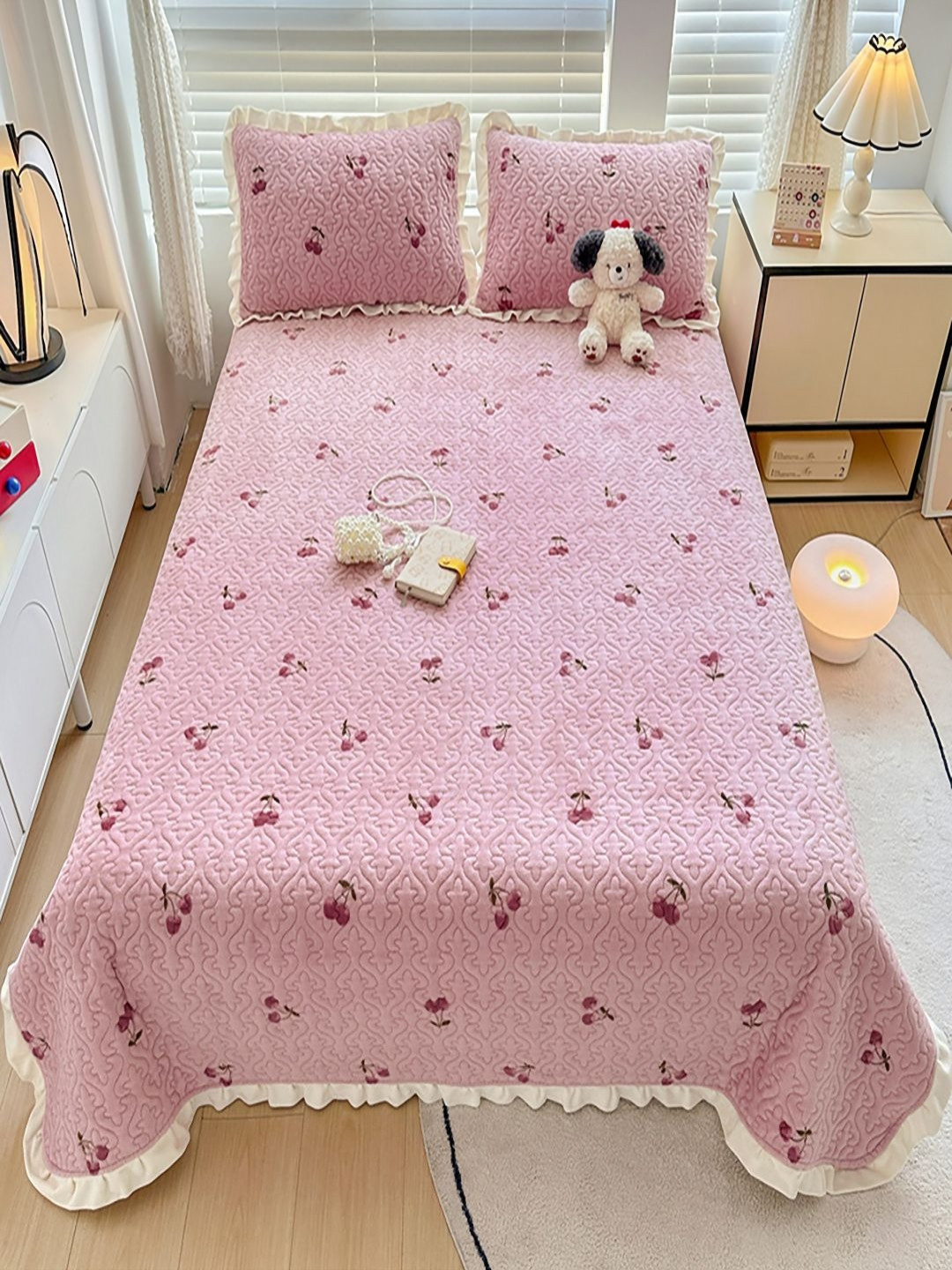 JC HOME Pink & Maroon Printed Bed Cover With Pillow