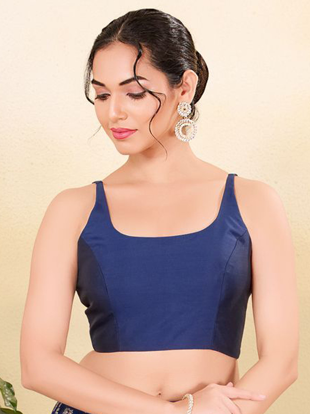 VAMAS - THE DESIGNER BLOUSES Navy Blue Taffeta Silk Sleeveless Readymade Saree Blouse