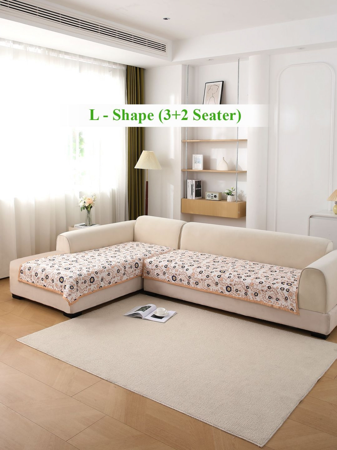 HOKIPO Light Peach Candytuft Printed Quilted L Shape 3+2 Seater Sofa Cover Seat Mat