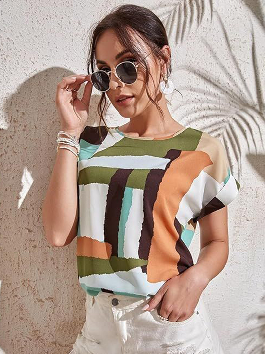 classy fashion Geometric Print Batwing Sleeve Top