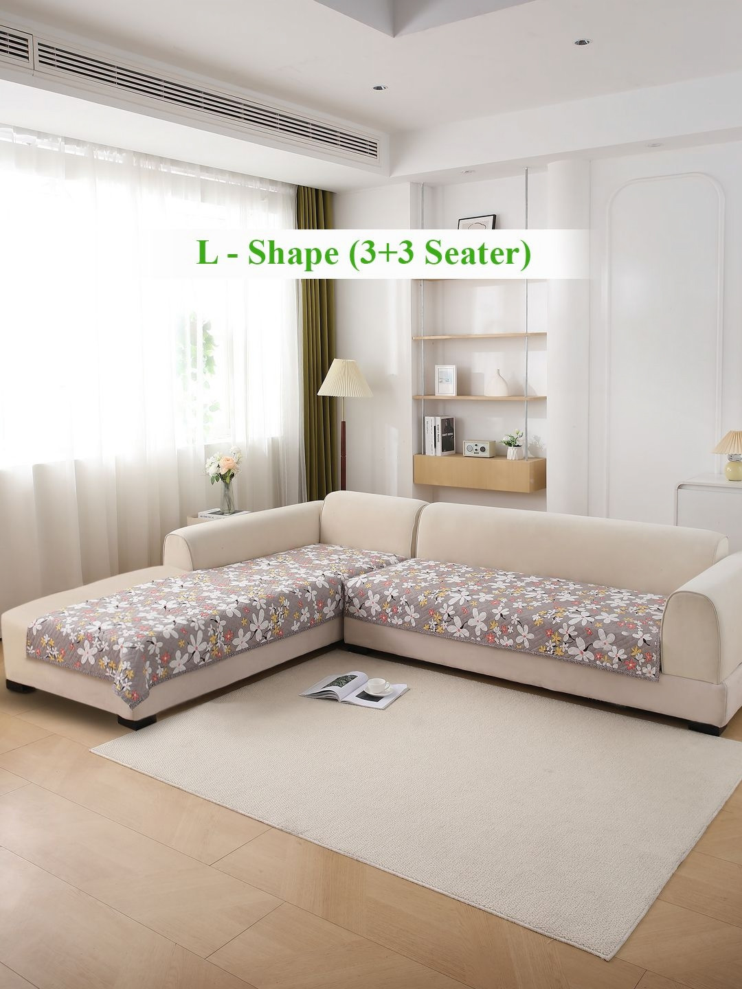 HOKIPO Pastel Brown Sandwort Flower Printed Quilted L Shape 3+3 Seater Sofa Cover Seat Mat