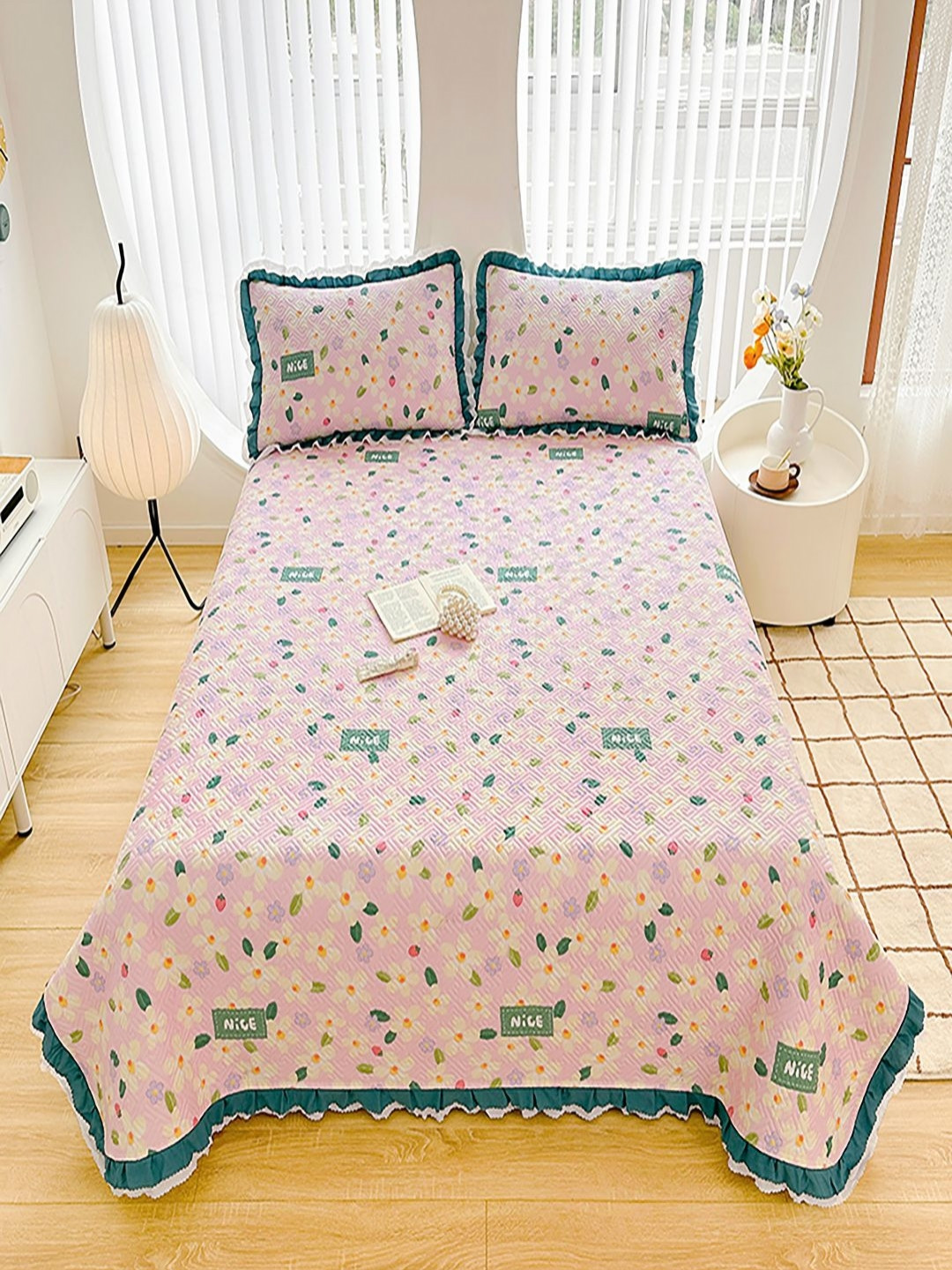 JC HOME Pink & Green Printed Cotton Double King Bed & Pillow Cover