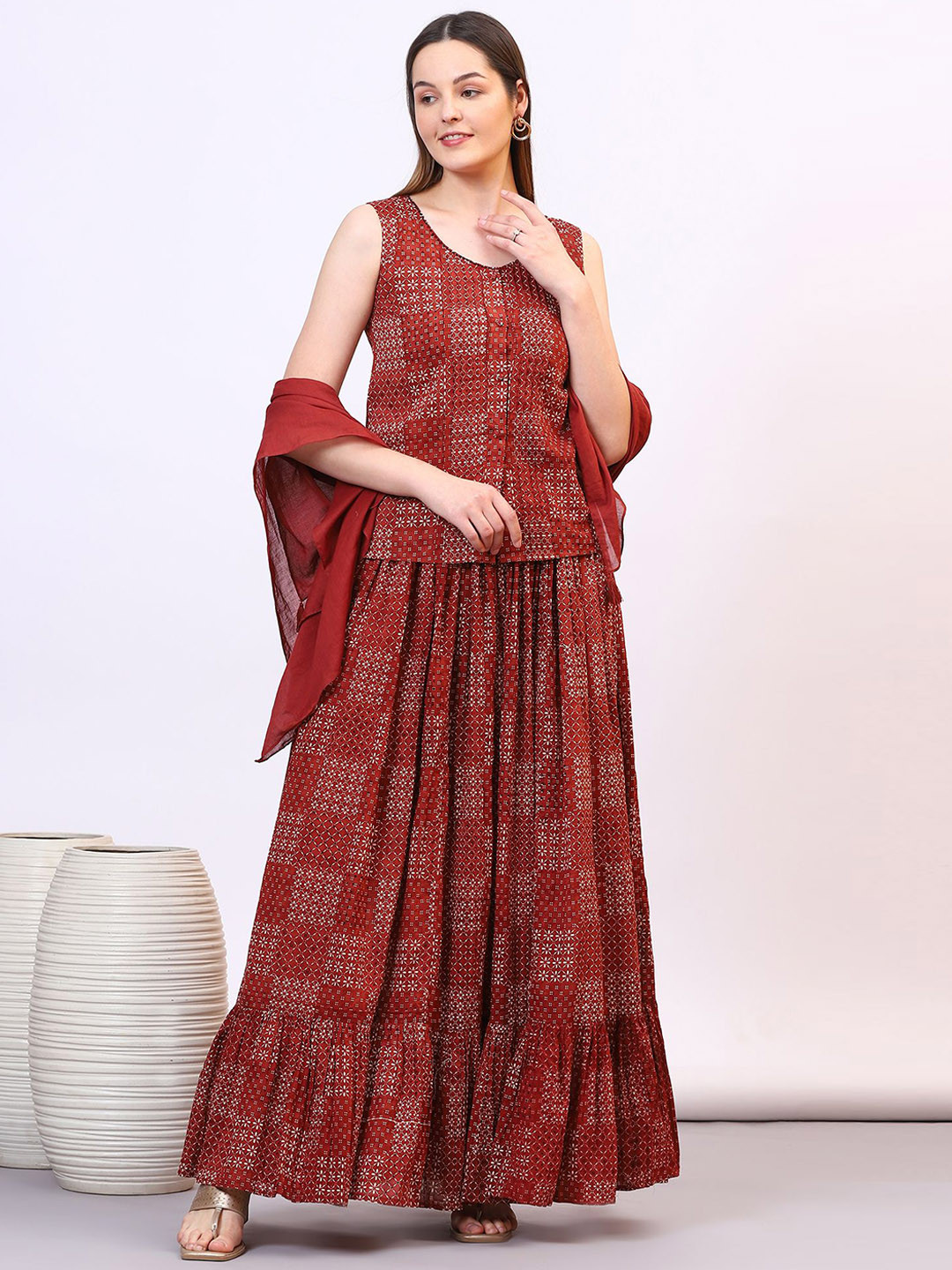 AURELIA Printed Pure Cotton Top With Skirt & Scarf Co-Ords