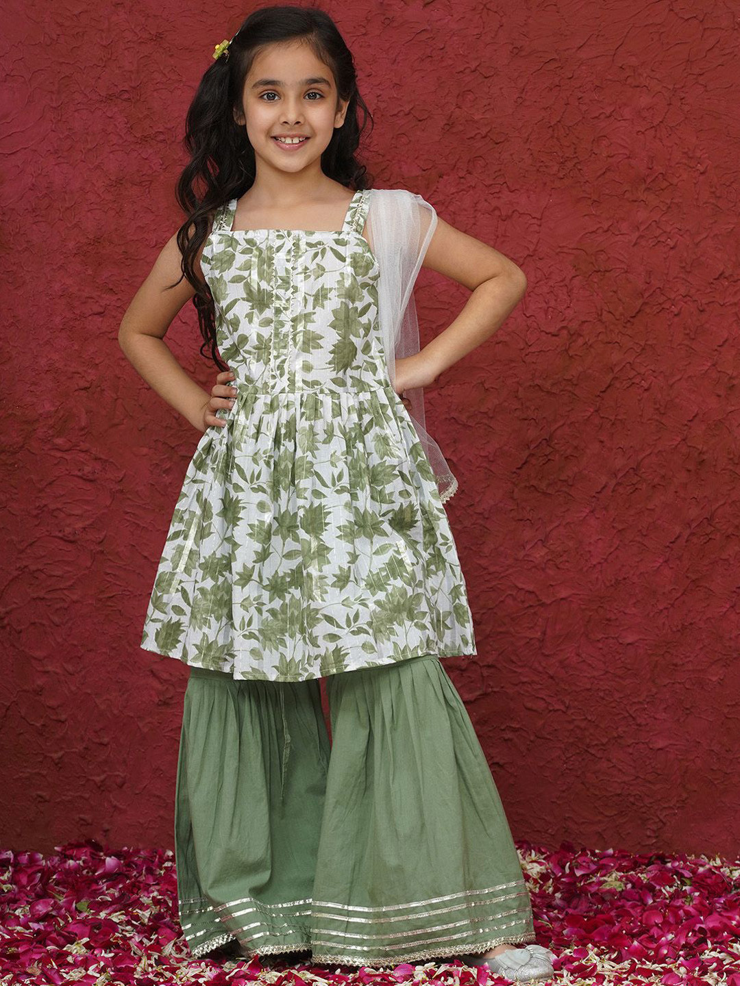 Aj DEZInES Gotta Patti Floral Printed Kurta Sharara Set With Dupatta