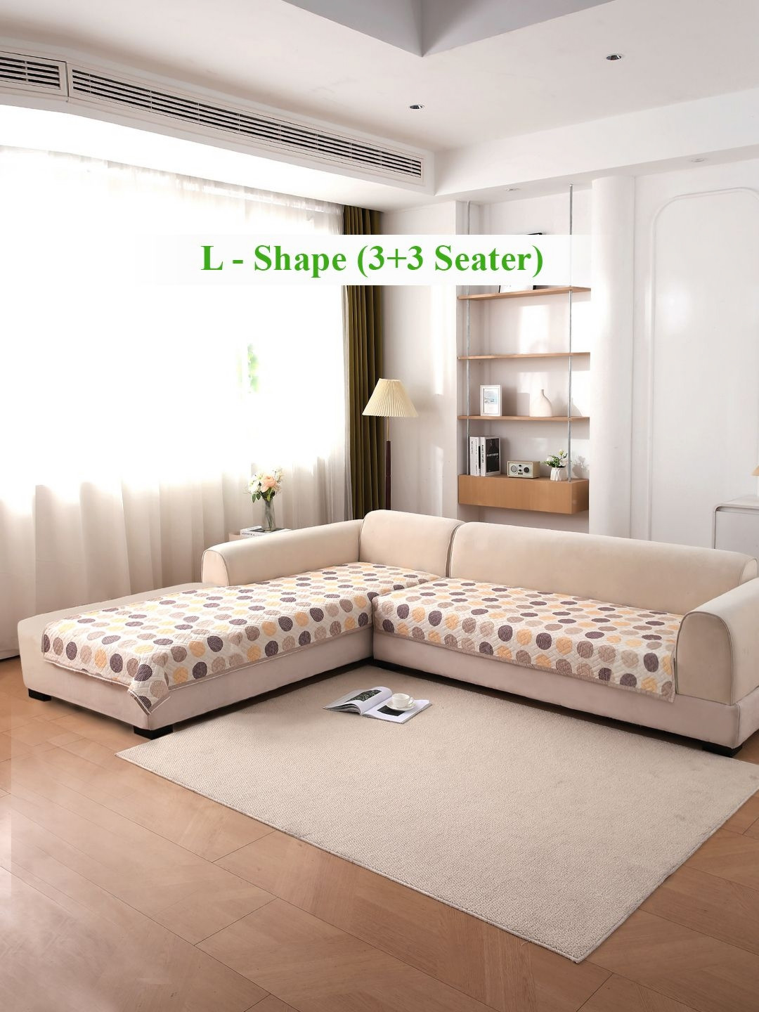 HOKIPO Brown Polka Dot Printed Quilted L Shape 3+3 Seater Sofa Cover Seat Mat