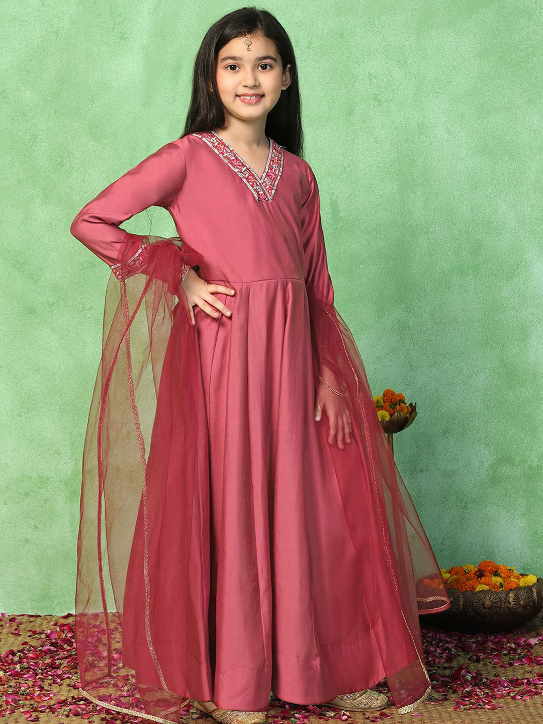 FASHION DREAM Embroidered V-Neck Ethnic Dresses With Dupatta