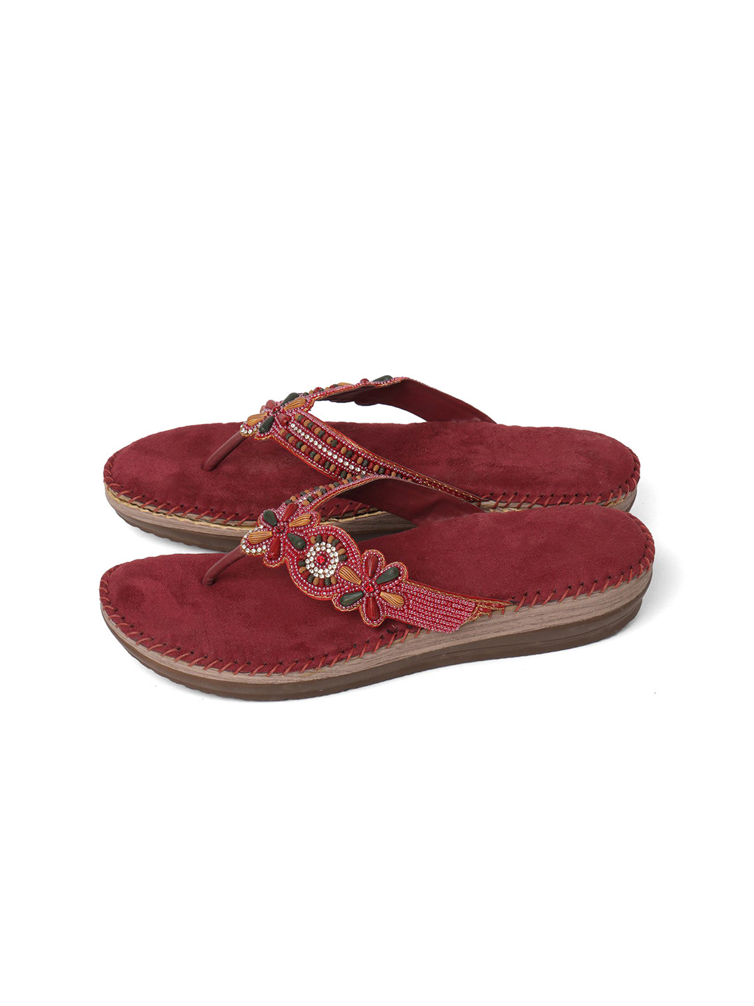 KNEETOES Women Beads & Stones Embellished T-Strap Flats