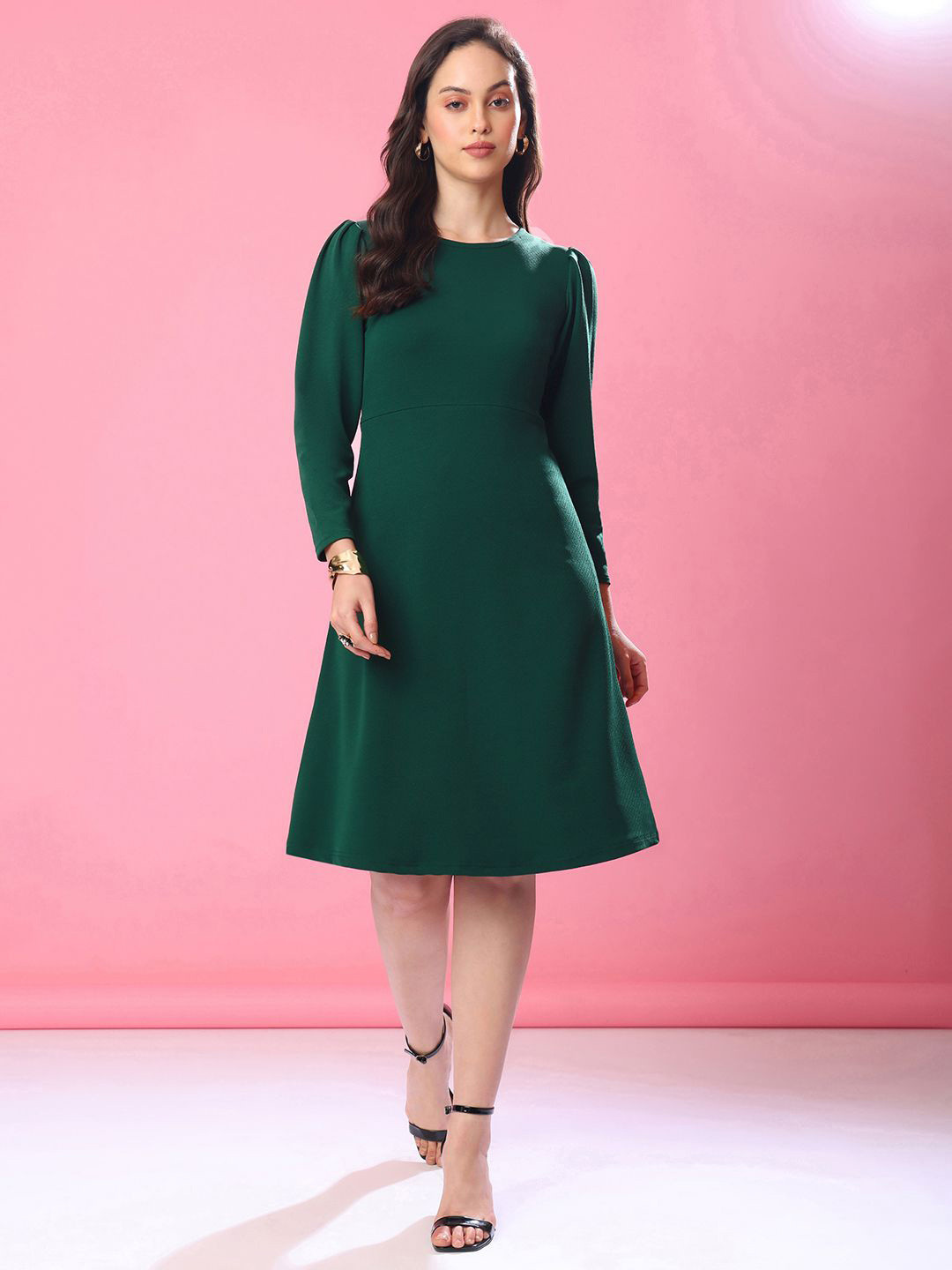 PURVAJA Puff Sleeve A-Line Dress
