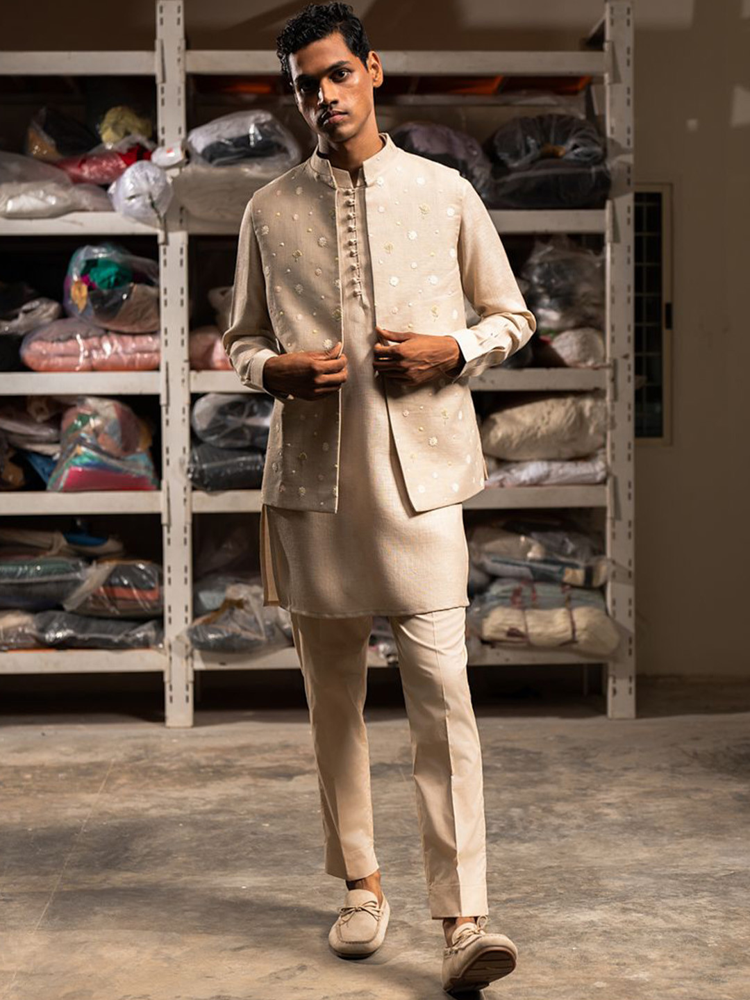 Project Bandi Embroidered Satin Nehru Jacket