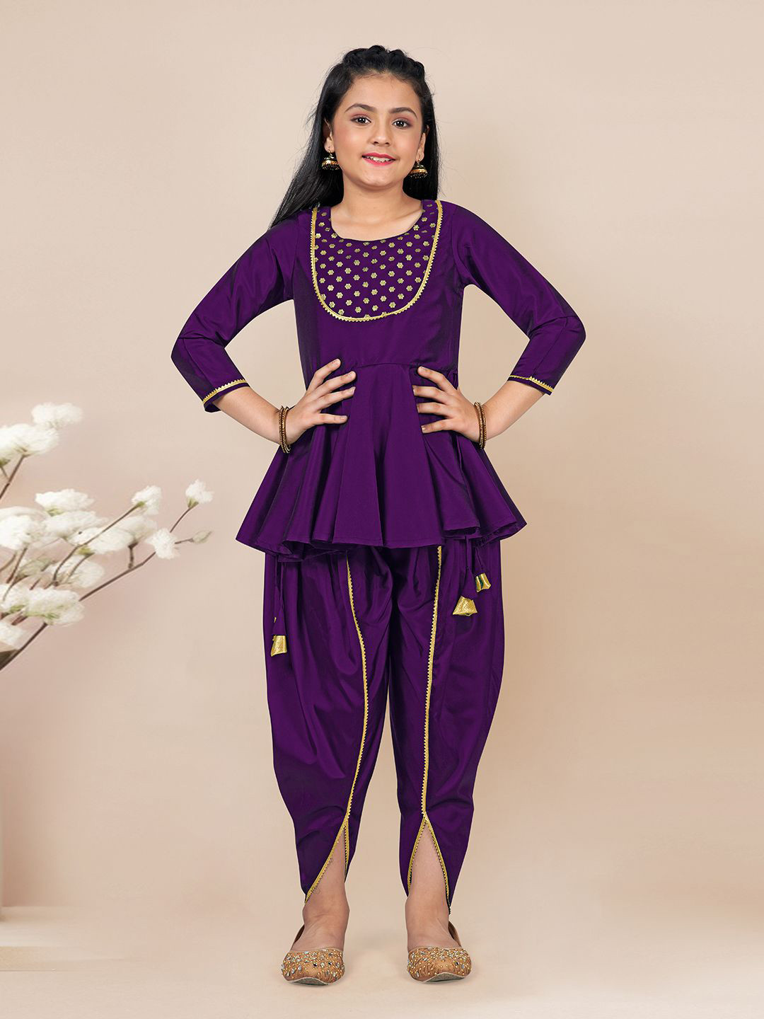 BAESD Girls Floral Embroidered Peplum Kurta With Dhoti Pants