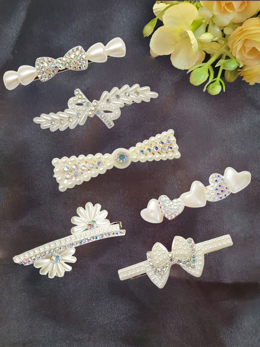 LYKAA Set of 6 White Stylish Pearl Rhinestone Hair Pins
