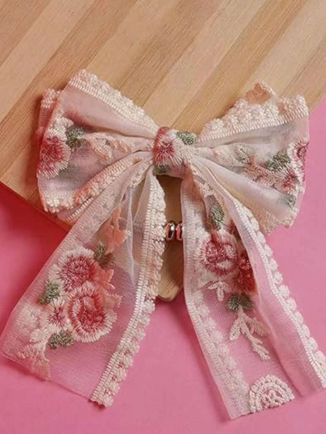 LYKAA Set of 1 White Big Lace Bow with Foral Embroidery