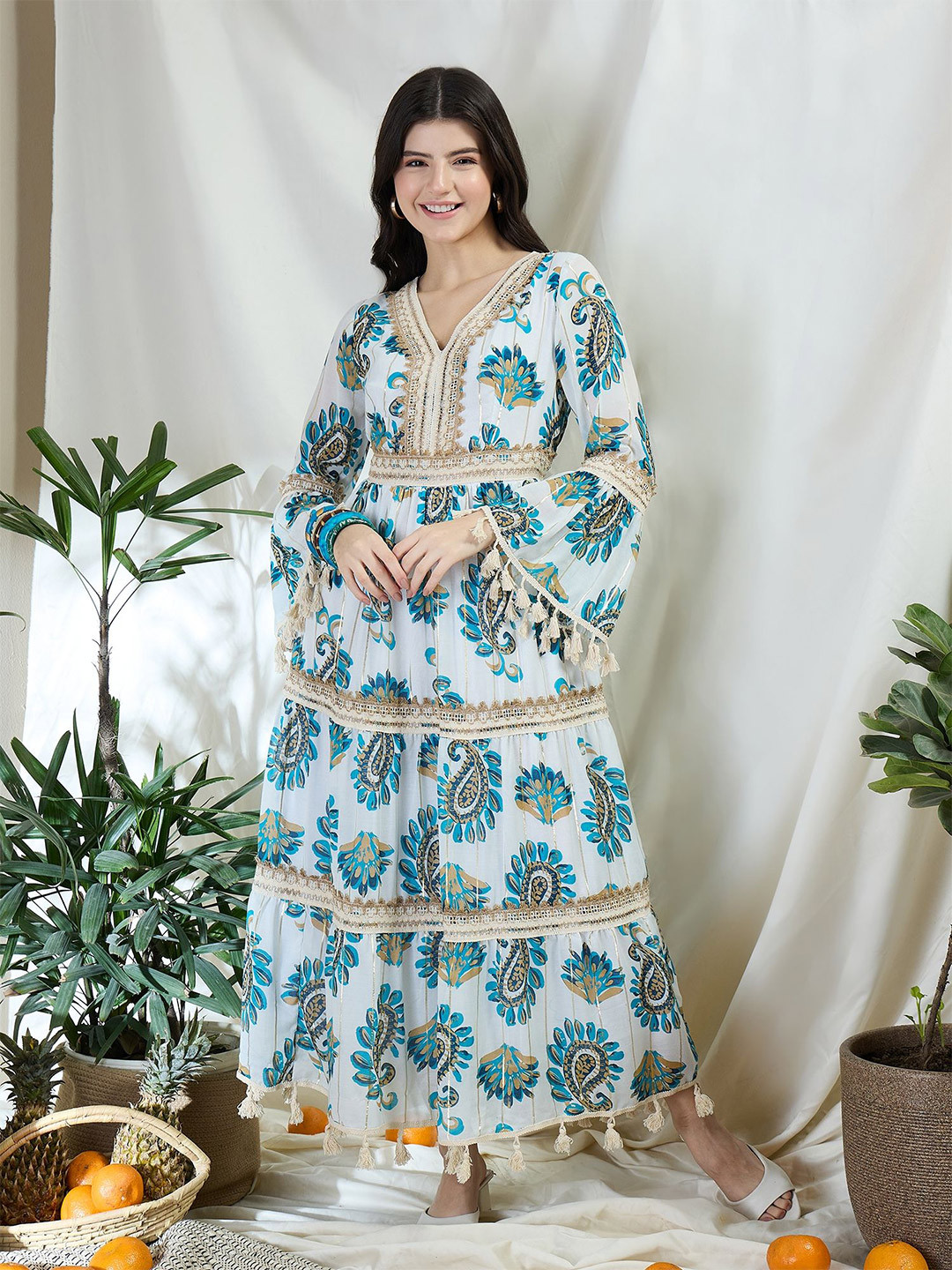 DRAPE AND DAZZLE Floral Print Bell Sleeve Fit & Flare Maxi Dress