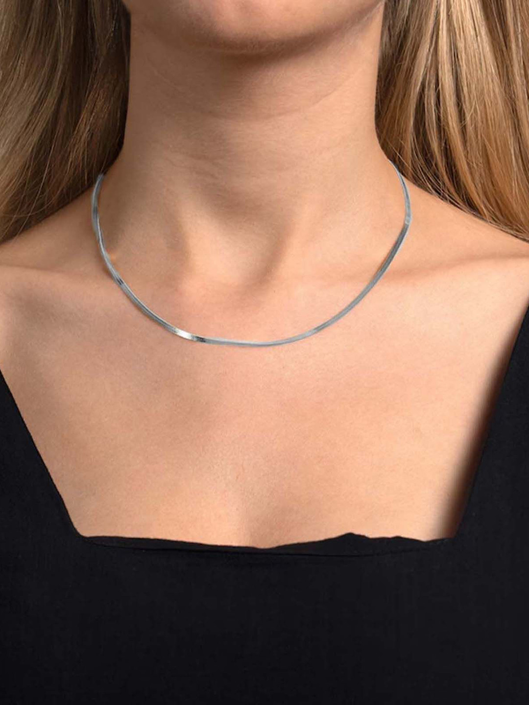 VAMA Women 16 Inches Stainless Steel Silver Flat Snake Herringbone Necklace Chains