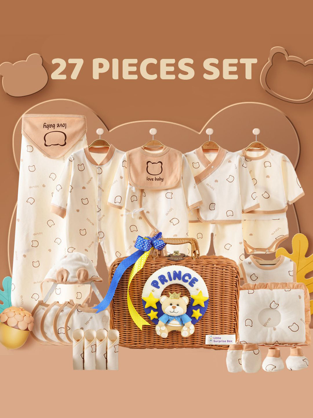 Little Surprise Box LLP Infants 27-Pcs  Prince Teddy Printed Cotton Baby Apparel Gift Set