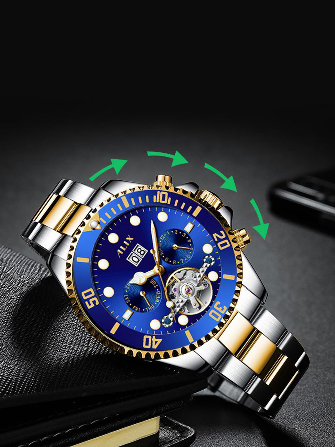 ALIX Men Patterned Dial & Stainless Steel Straps Analogue Chronograph Watch AL2907_SGBE