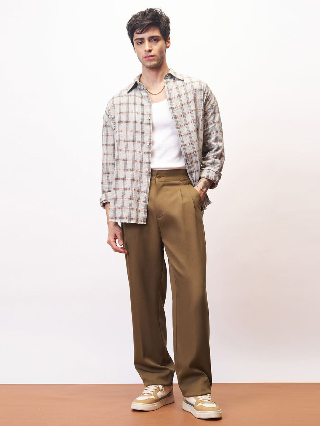 FREAKINS Men Sepia Brown Side Detail Korean Pants