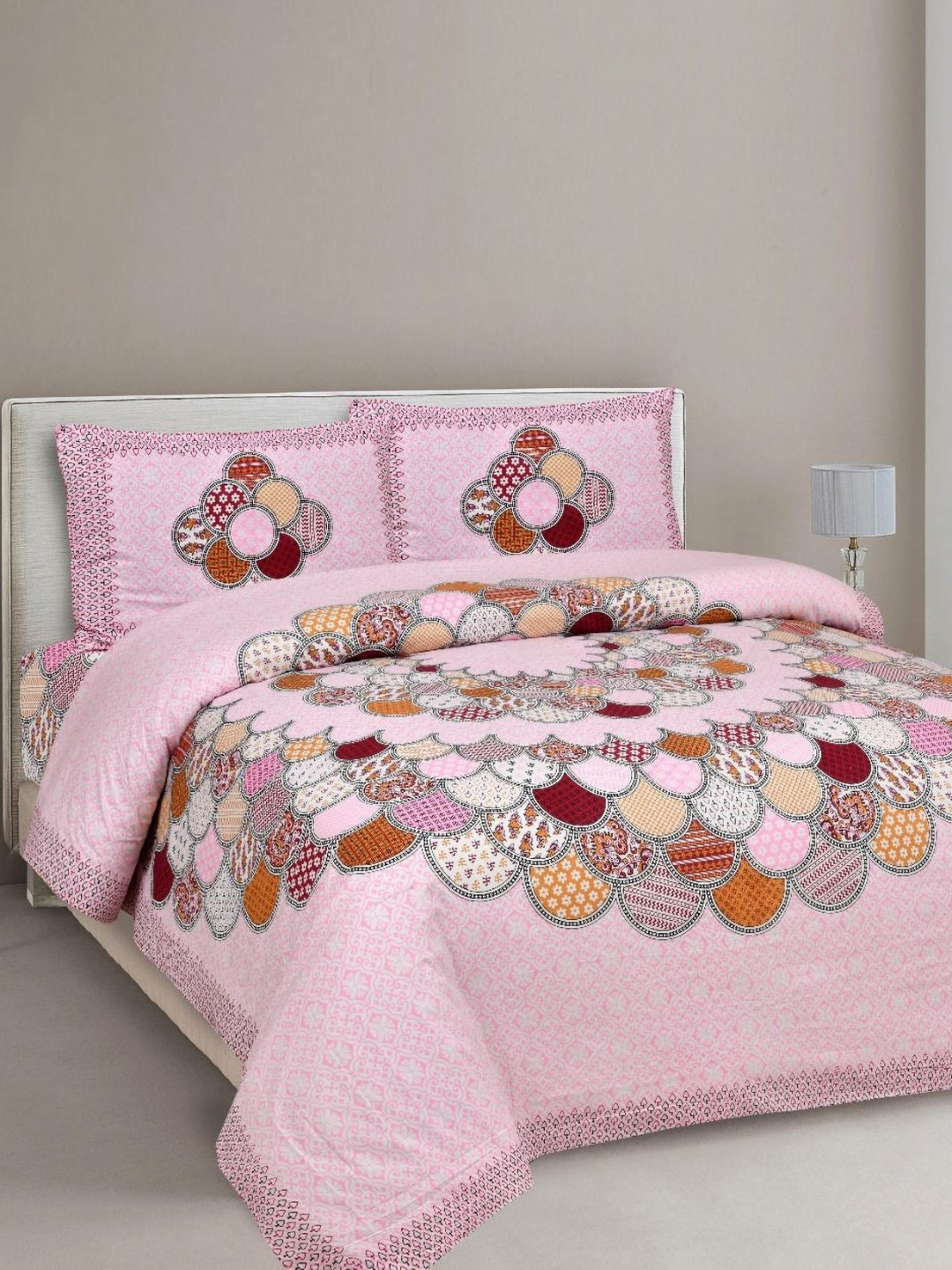 BharatLinen Pink Ethnic Motifs Pure Cotton 210 TC King Fine Bedsheet with 2 Pillow Covers-108 x 90 inches