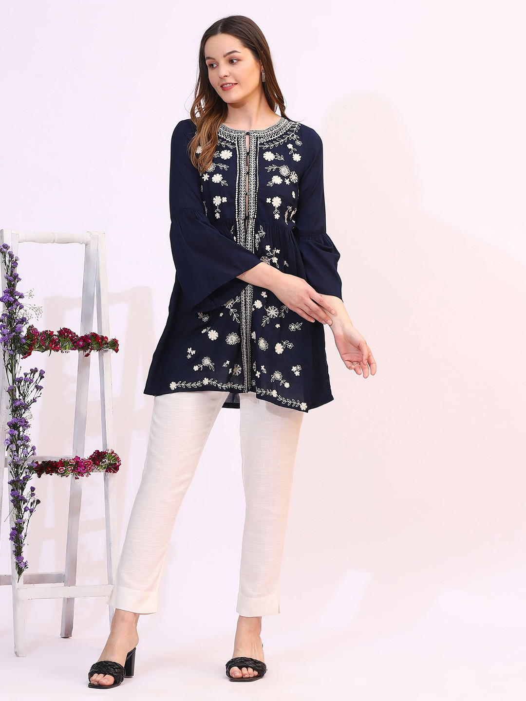 W Embroidered Bell Sleeve Cotton Top