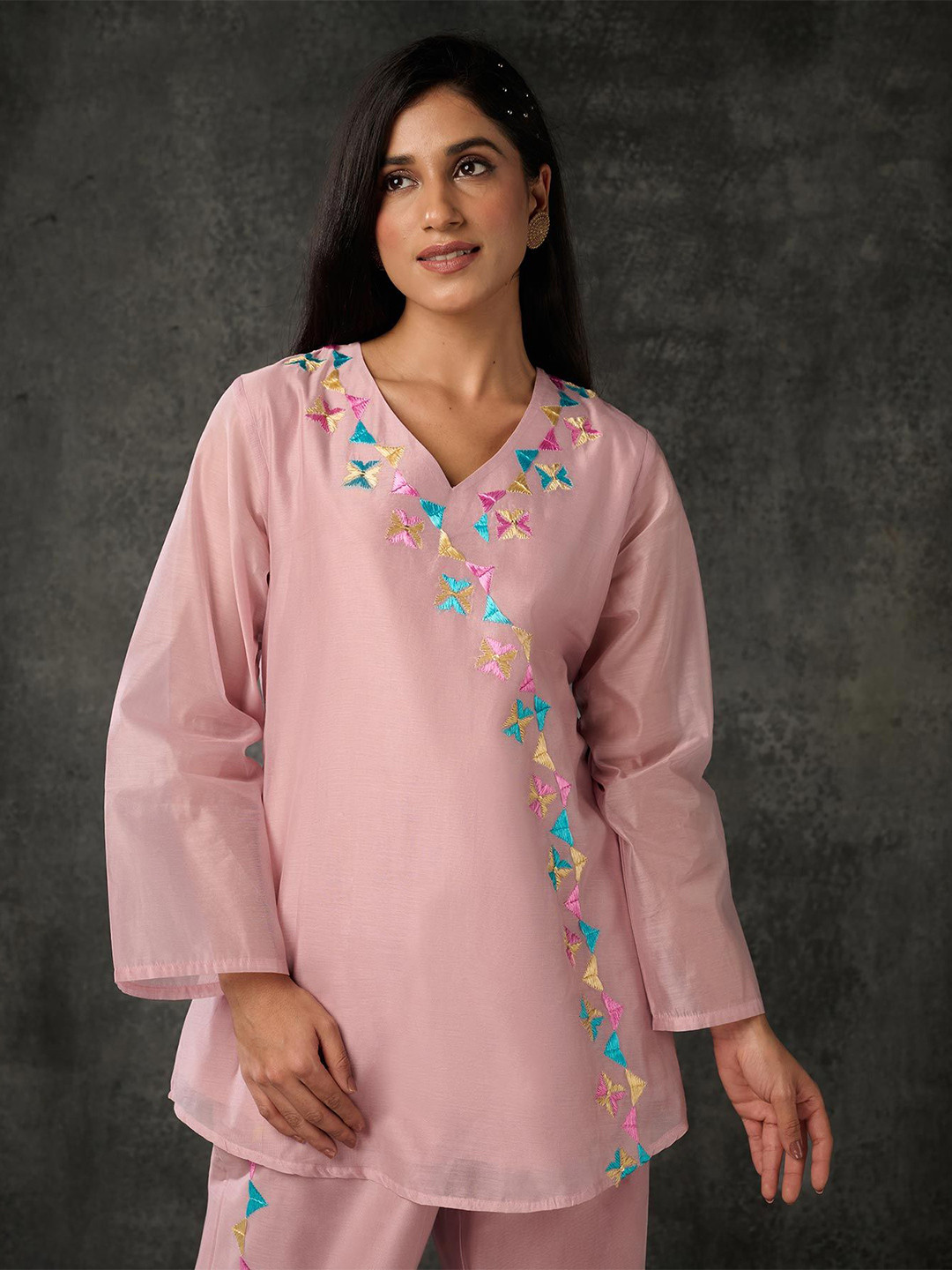 Phulkari Forever Geometric Embroidered V-Neck Pure Chanderi Top