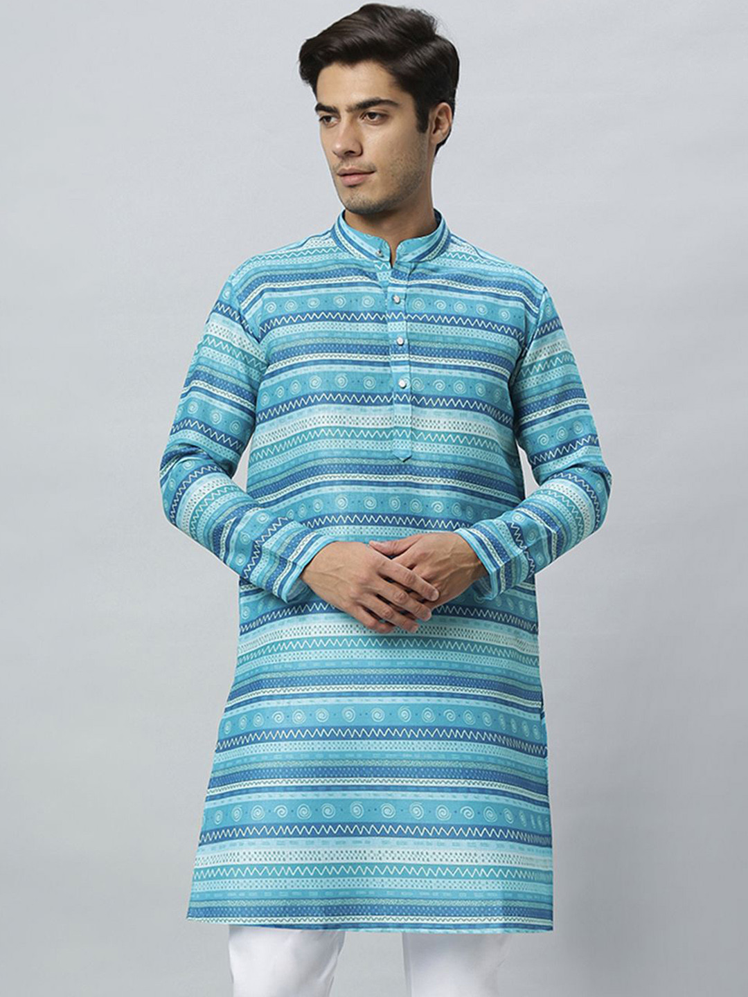 GLOBALRANG Men Striped Flared Sleeves Thread Work Kurta