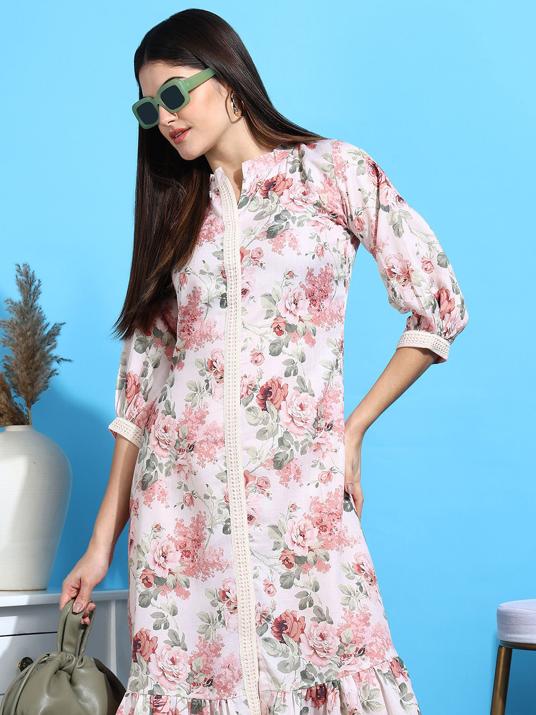 EVANORA Floral Print Puff Sleeve Lace Fit & Flare Midi Dress