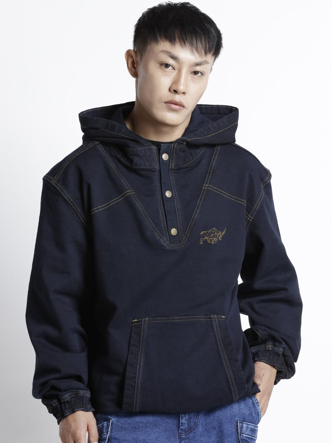 TEMPLE OF DENIM Embroidered Brand Logo Hooded Neck Denim Jacket