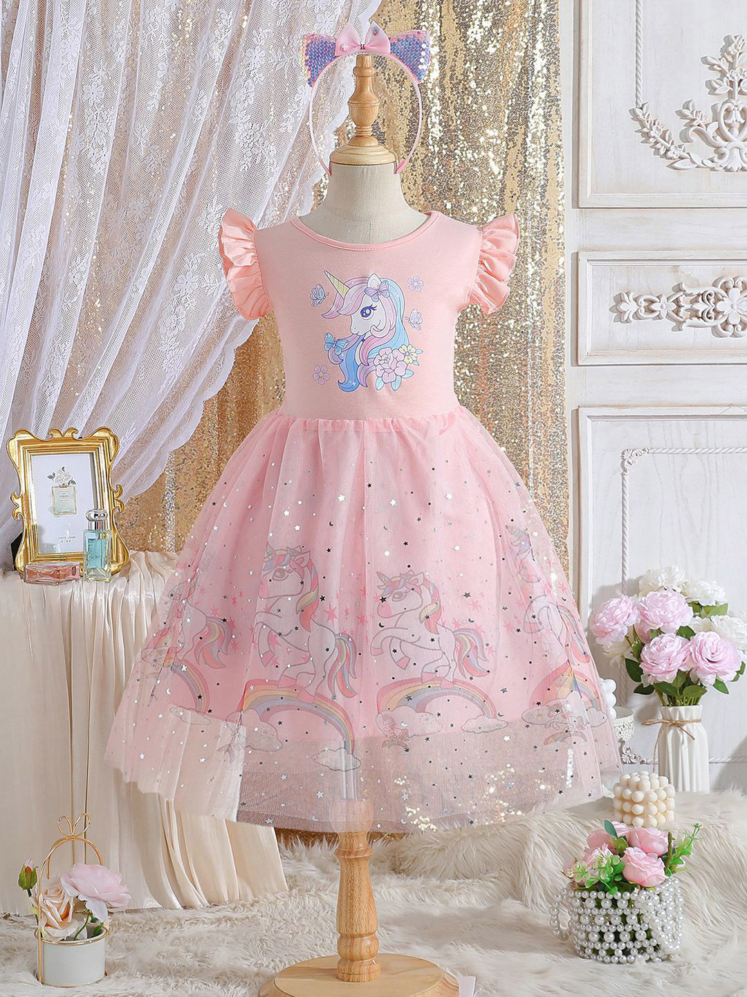 YK Girls Cartoon Characters Printed Flutter Sleeves Fit & Flare Knee Length Dress